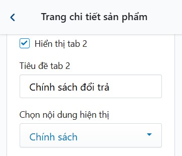 Bật Hiển thị tab 2, nhập tiêu đề và chọn nội dung trang
