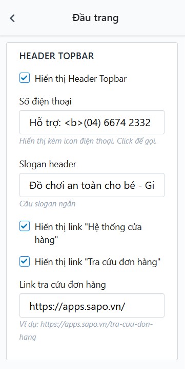 Cấu hình Header Topbar