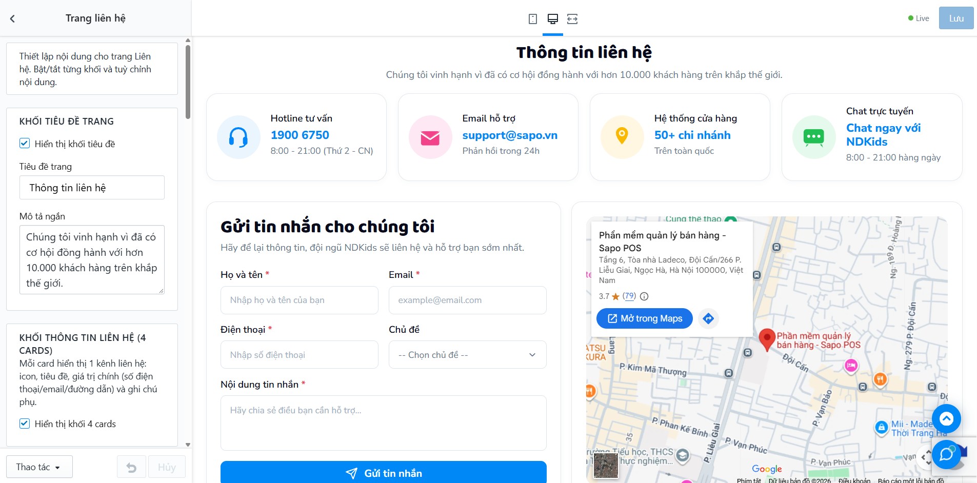 Truy cập Tùy chỉnh giao diện - Trang liên hệ