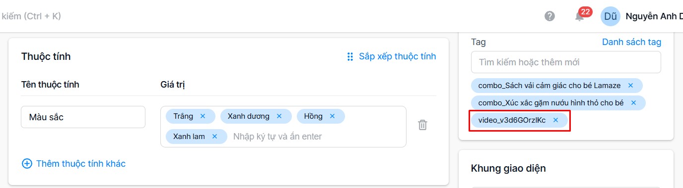 Nhập tag video_ vào sản phẩm trong admin Sapo