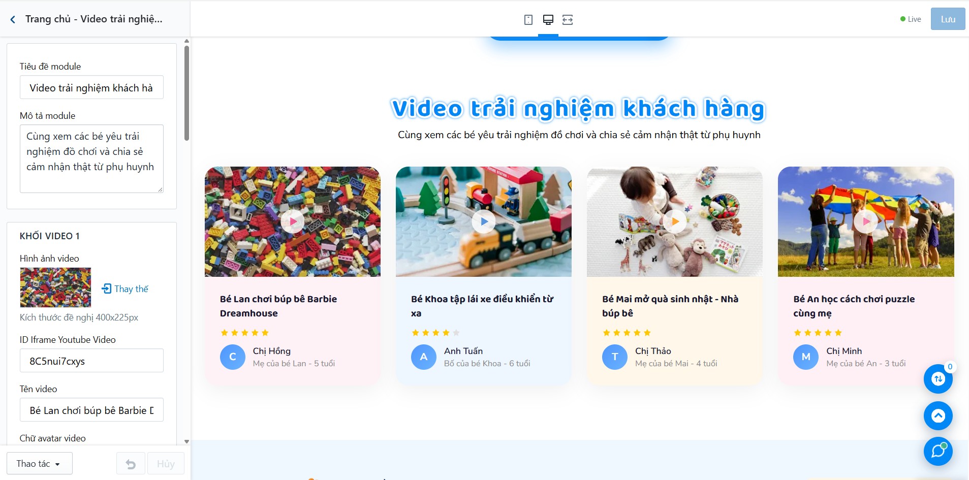 Block Trang chủ - Video trải nghiệm khách hàng trong Tùy chỉnh Giao diện