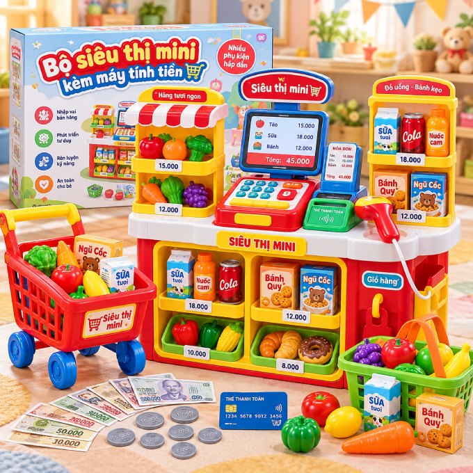 Bộ siêu thị mini kèm máy tính tiền