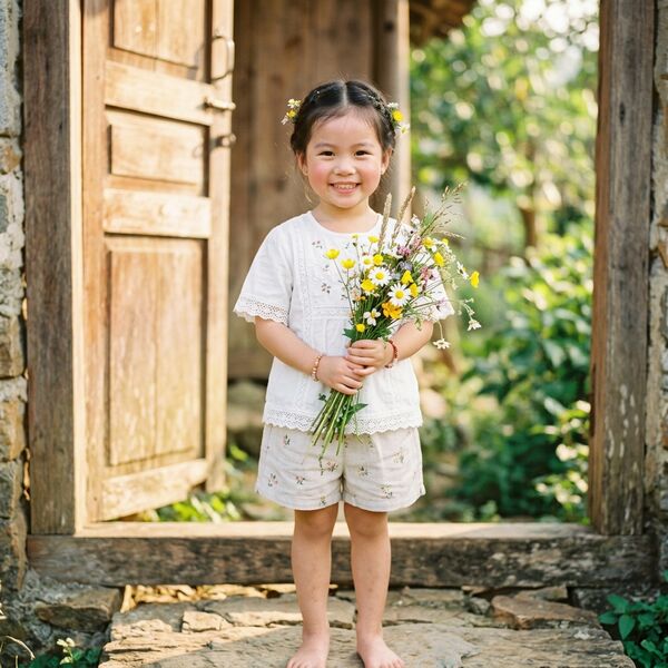 Bé gái cầm bó hoa dại