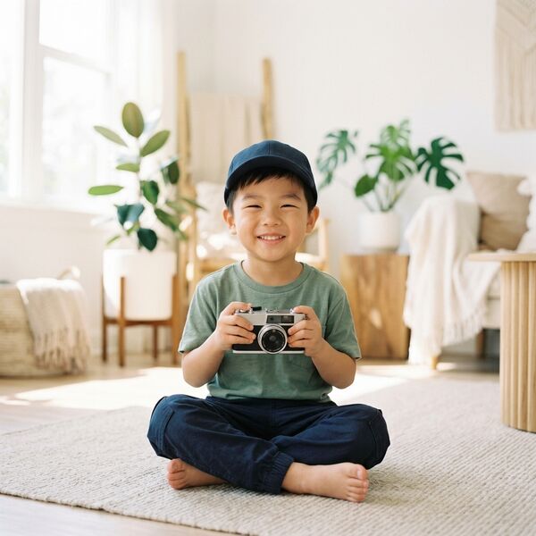 Bé trai cầm máy ảnh