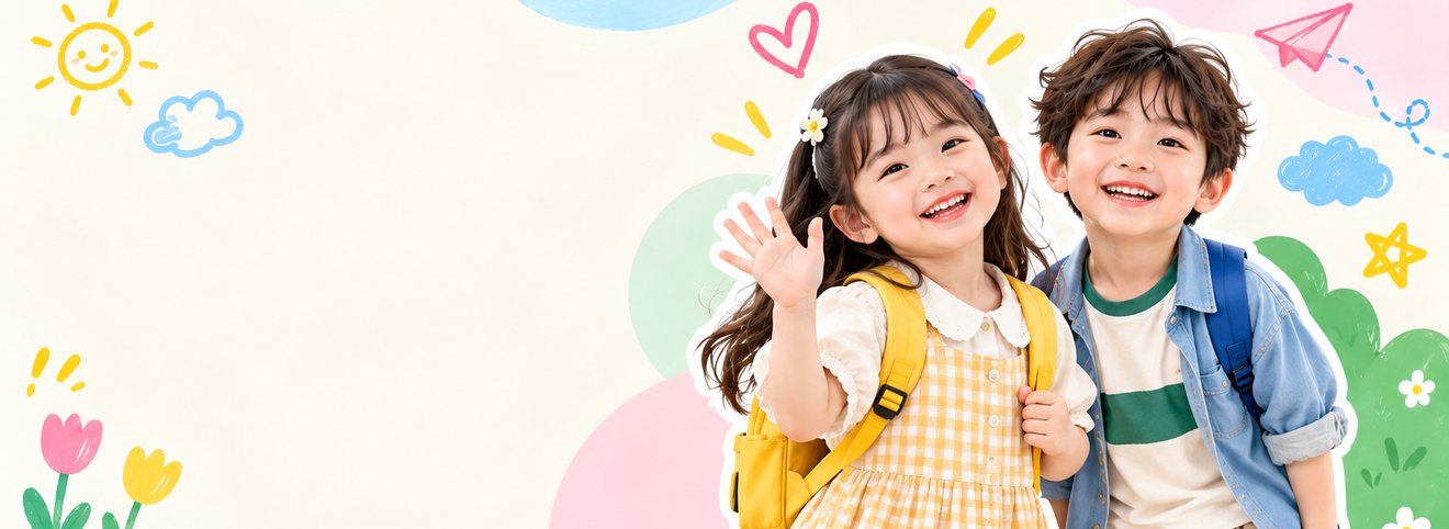 Hai bé đeo balo vẫy tay chào ngày tựu trường