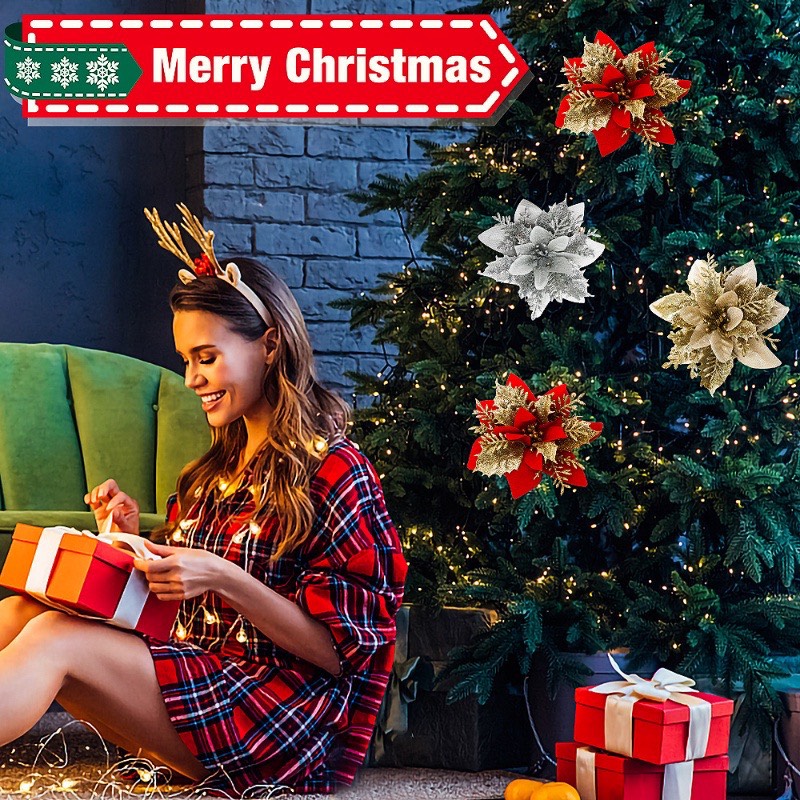 Sét 5 hoa trạng nguyên kim tuyến nhũ vàng đỏ size lớn 13cm trang trí cây thông noel vòng nguyệt quế tháp giỏ quà oản tài