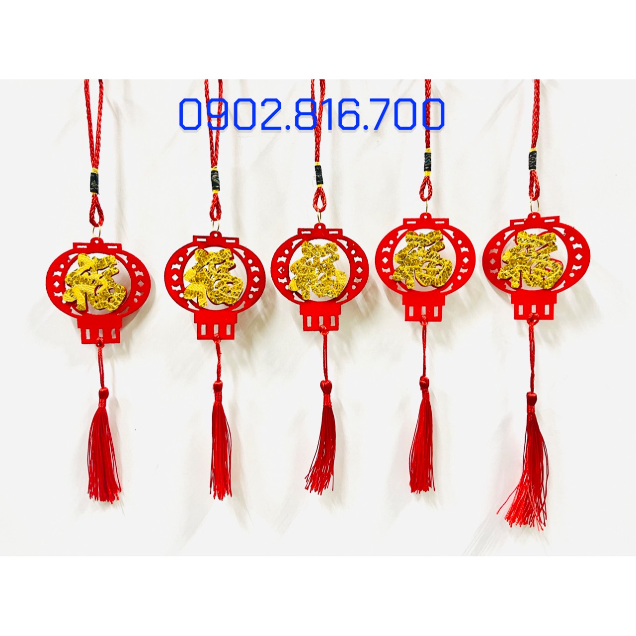 Set 5 Liễng nhung đỏ hình quạt , cá chép , lồng đèn khắc chữ PHƯỚC vàng treo cây mai đào tắc phụ kiện trang trí TẾT