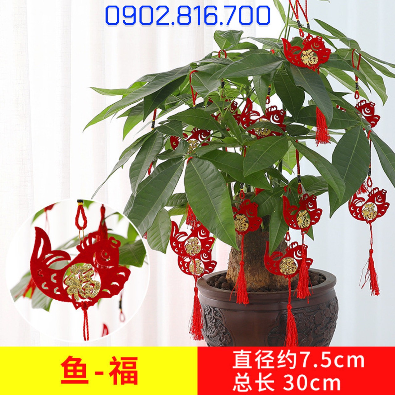 Set 5 Liễng nhung đỏ hình quạt , cá chép , lồng đèn khắc chữ PHƯỚC vàng treo cây mai đào tắc phụ kiện trang trí TẾT
