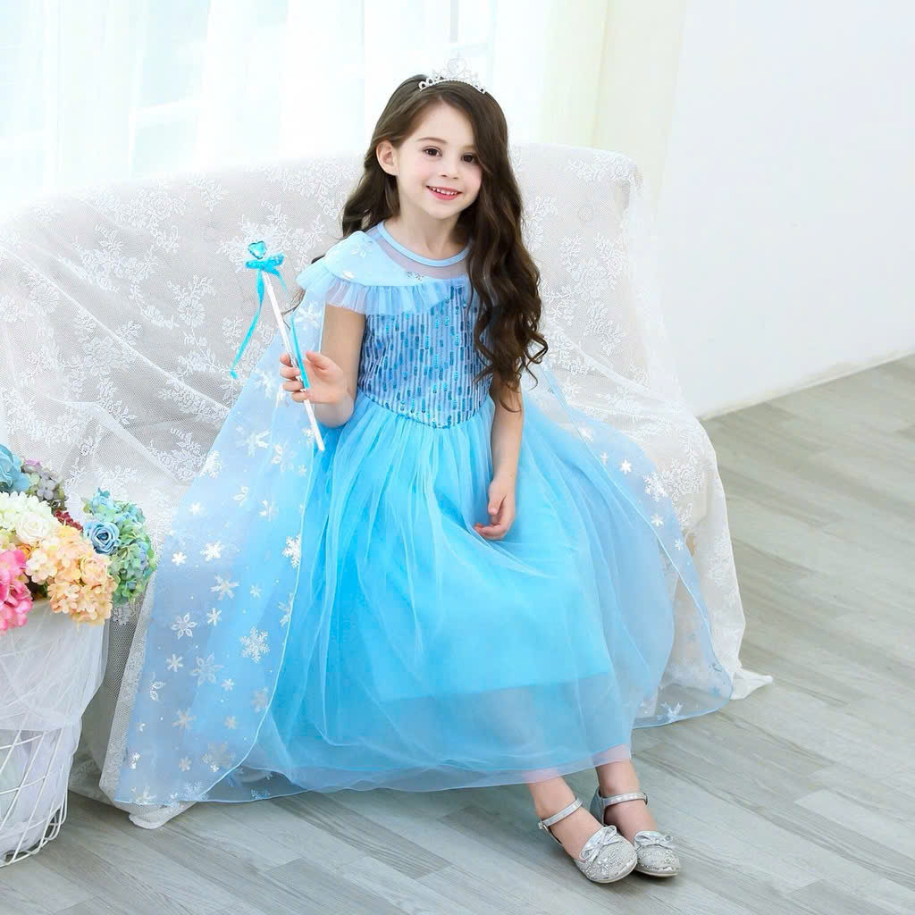Đầm váy Công Chúa Elsa Cho Bé Gái - Đầm Hóa Trang Elsa Băng Giá Đính Kim Sa Cao Cấp Kèm Áo Choàng Bông Tuyết Lấp Lánh