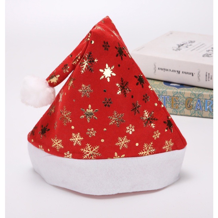 Nón Noel vải họa tiết bông tuyết trăng sao nhũ vàng nhũ bạc phụ kiện trang phục noel ngày lễ giáng sinh