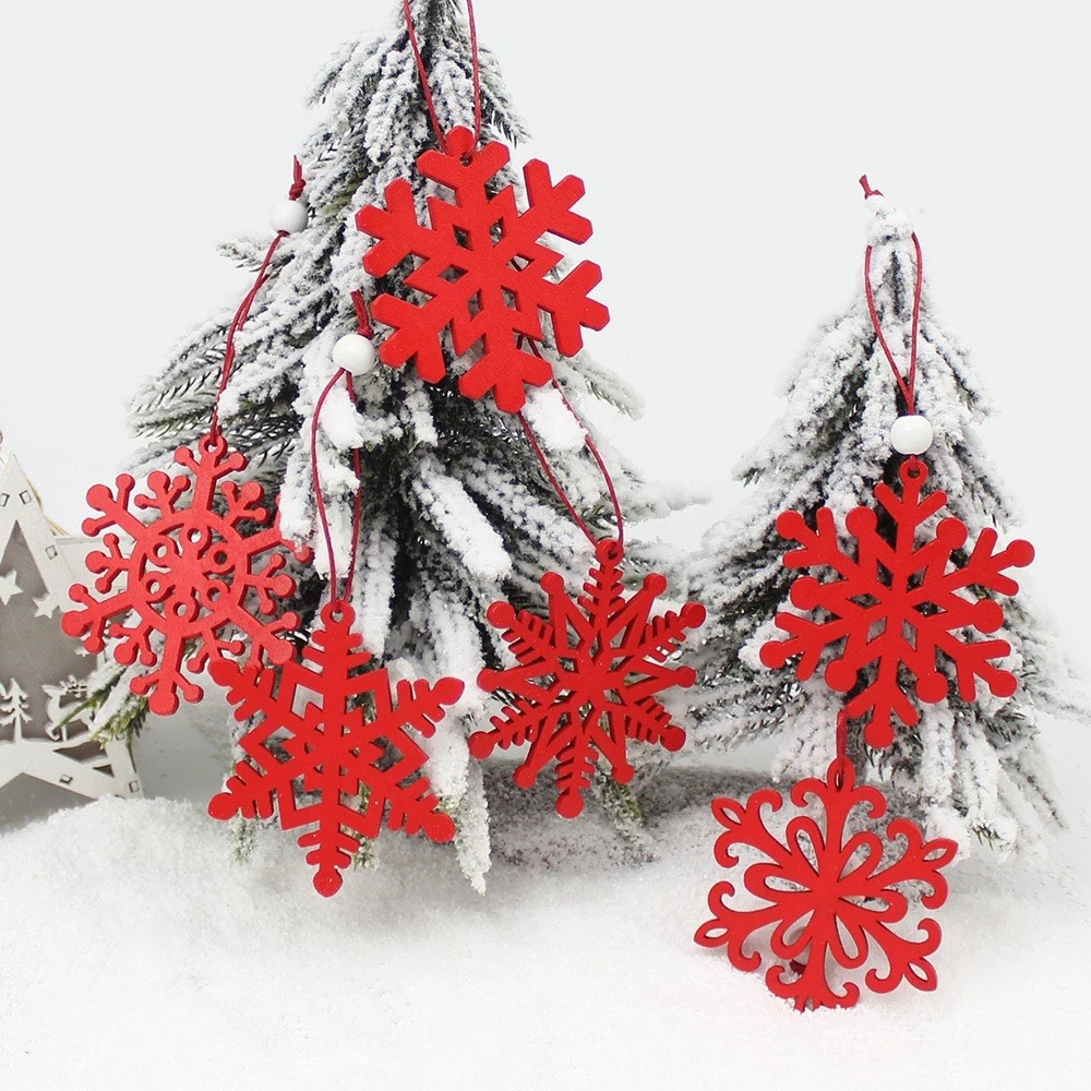 Set 6 phụ kiện hình bông tuyết đỏ và trắng bằng gỗ decor treo trang trí cây thông noel ngày lễ giáng sinh