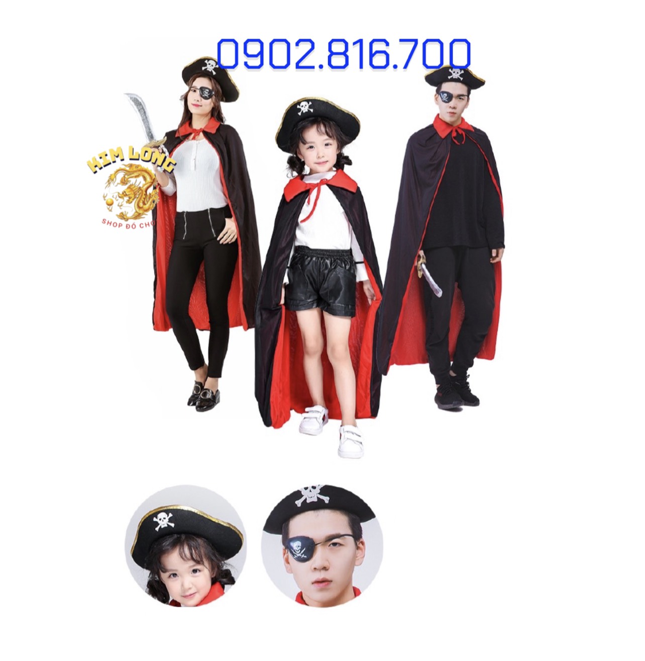 Set Áo Choàng cướp biển 2 lớp đỏ đen và nón và bịt mắt trang phục hoá trang cướp biển lễ hội Halloween
