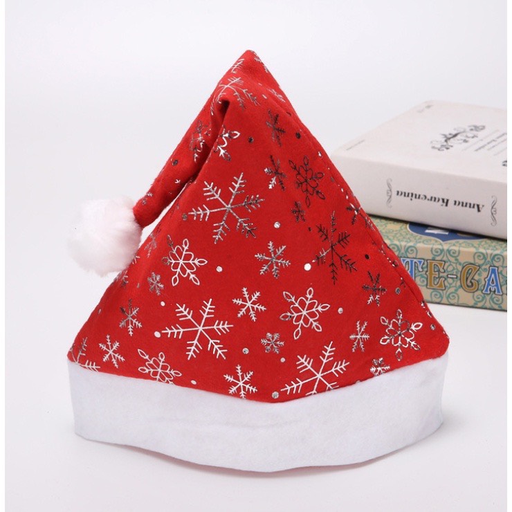 Nón Noel vải họa tiết bông tuyết trăng sao nhũ vàng nhũ bạc phụ kiện trang phục noel ngày lễ giáng sinh