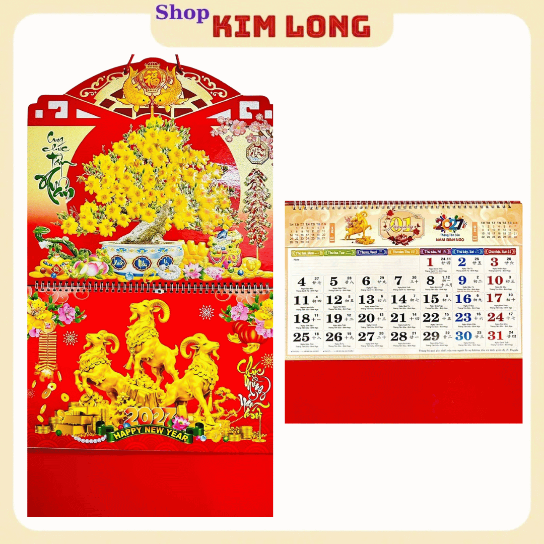 LỊCH TREO TƯỜNG TẾT ĐINH MÙI 2027 - BÌA LỊCH LÒ XO GIỮA GẮN BỘ SỐ/ LỊCH THÁNG 12 TỜ MỖI TỜ 1 THÁNG dochoitreemkimlongshop