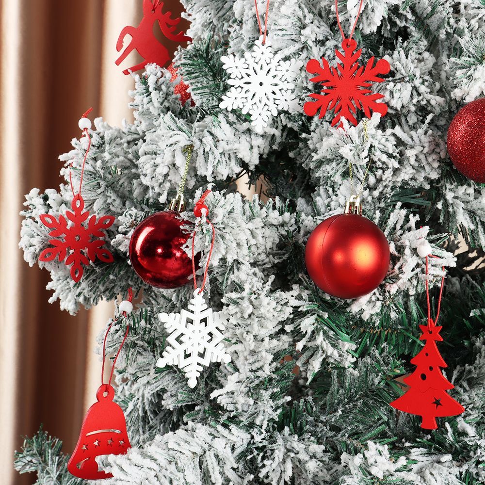 Set 6 phụ kiện hình bông tuyết đỏ và trắng bằng gỗ decor treo trang trí cây thông noel ngày lễ giáng sinh