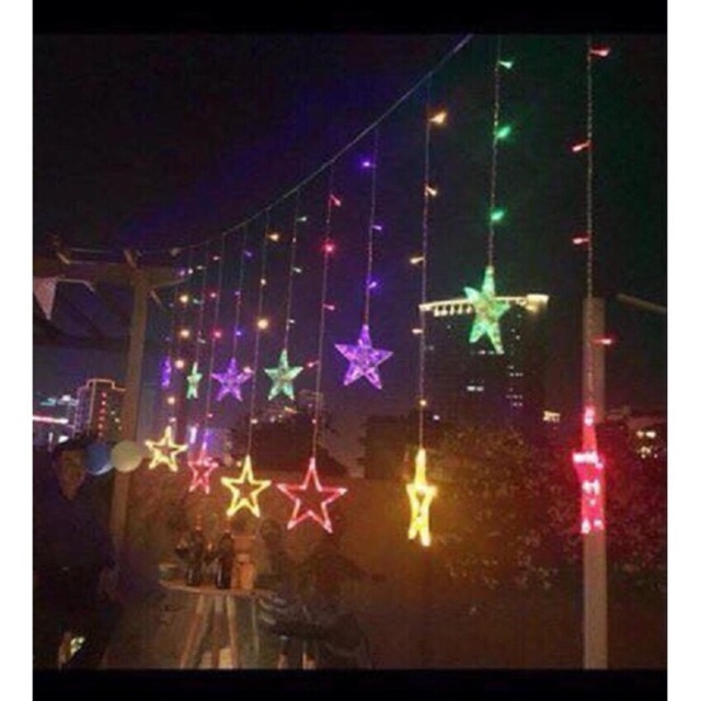BỘ Dây đèn LED chuỗi thả mành / rèm hình 10 ngôi sao màu vàng nắng Decor trang trí Noel Sinh Nhật Lễ Tết Năm mới