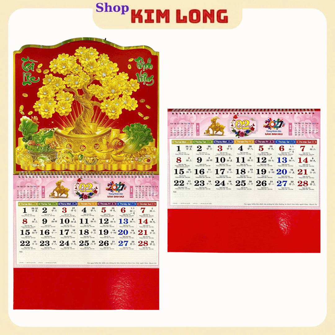 LỊCH TREO TƯỜNG TẾT ĐINH MÙI 2027 - BÌA LỊCH LÒ XO GIỮA GẮN BỘ SỐ/ LỊCH THÁNG 12 TỜ MỖI TỜ 1 THÁNG dochoitreemkimlongshop