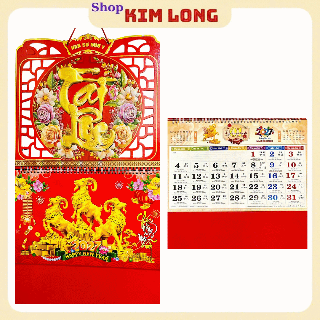 LỊCH TREO TƯỜNG TẾT ĐINH MÙI 2027 - BÌA LỊCH LÒ XO GIỮA GẮN BỘ SỐ/ LỊCH THÁNG 12 TỜ MỖI TỜ 1 THÁNG dochoitreemkimlongshop
