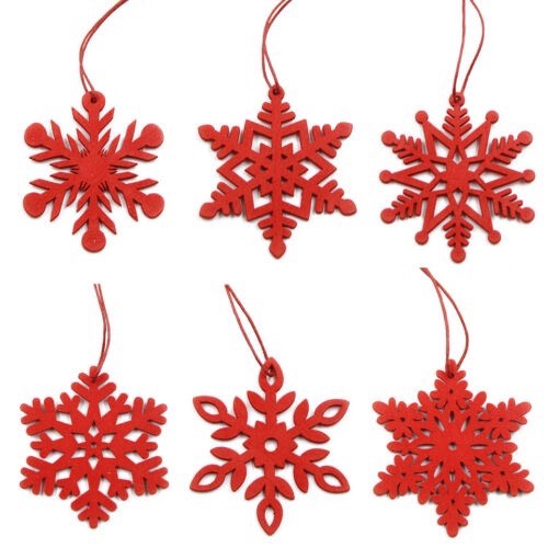 Set 6 phụ kiện hình bông tuyết đỏ và trắng bằng gỗ decor treo trang trí cây thông noel ngày lễ giáng sinh