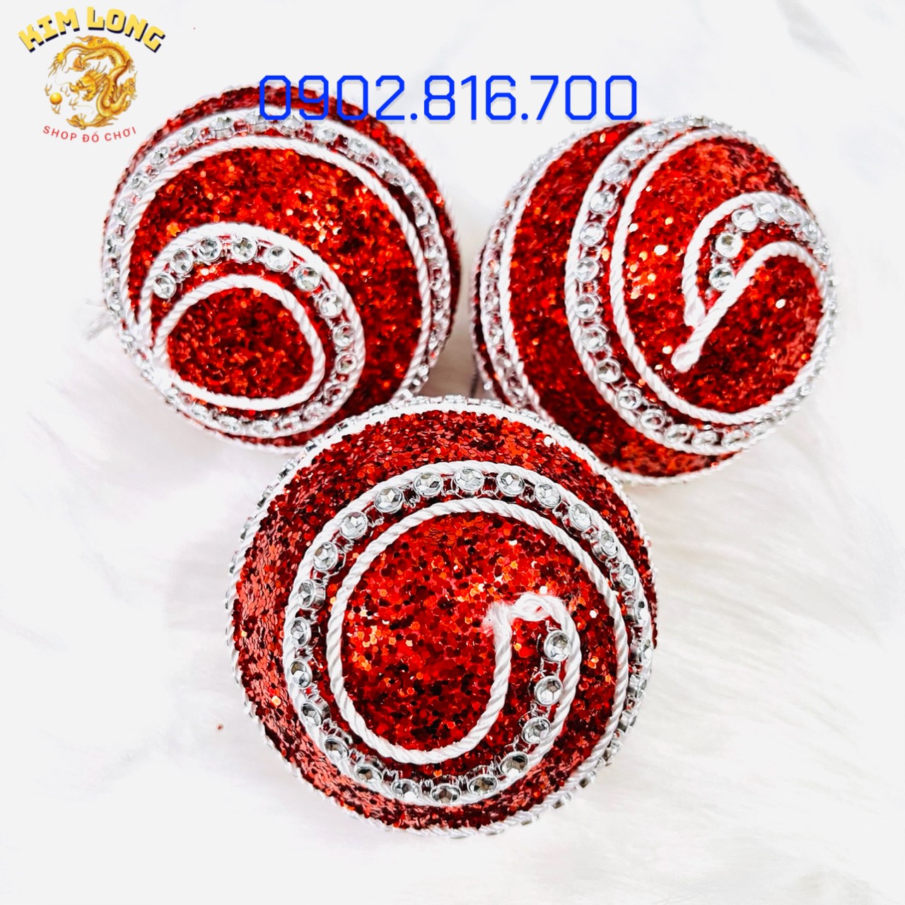 Set 3 trái châu đính kim tuyến kim sa 8cm vàng bạc đỏ phụ kiện trang trí noel ngày lễ Giáng sinh