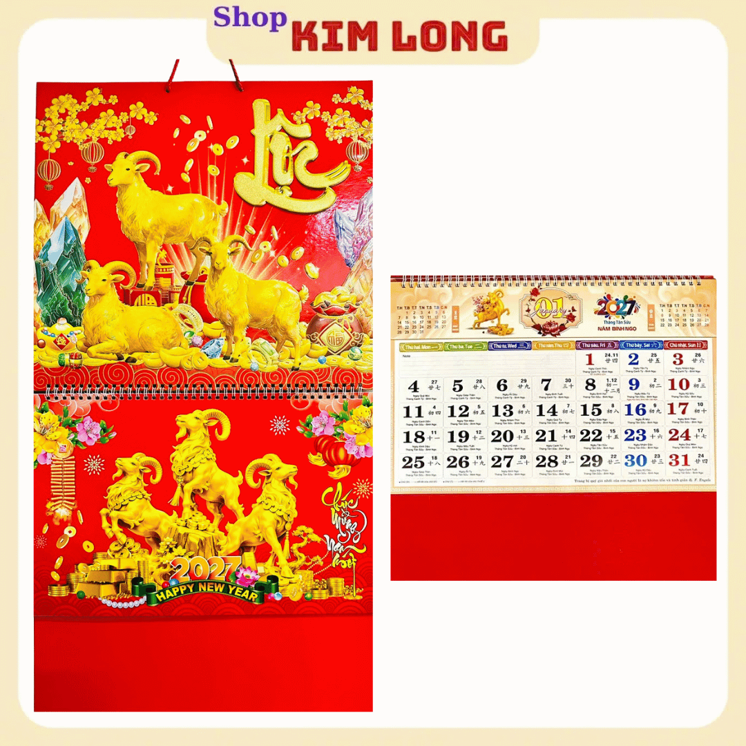 LỊCH TREO TƯỜNG TẾT ĐINH MÙI 2027 - BÌA LỊCH LÒ XO GIỮA GẮN BỘ SỐ/ LỊCH THÁNG 12 TỜ MỖI TỜ 1 THÁNG dochoitreemkimlongshop