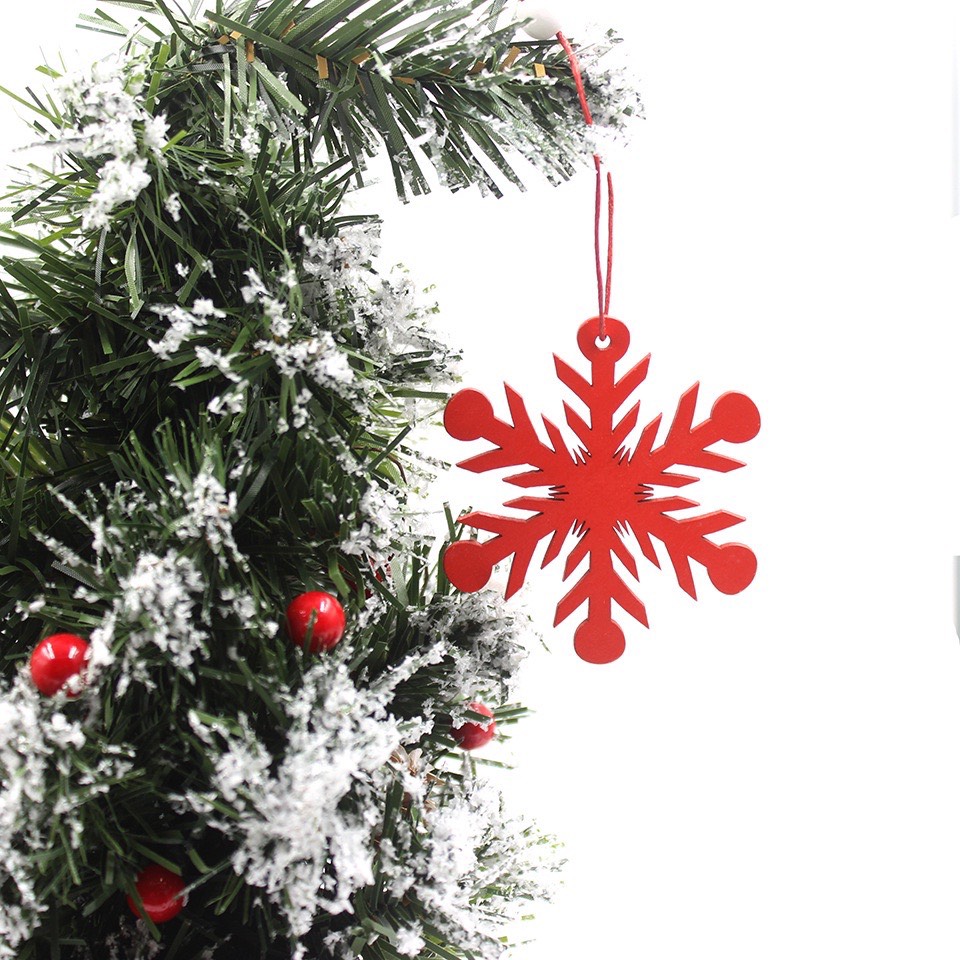 Set 6 phụ kiện hình bông tuyết đỏ và trắng bằng gỗ decor treo trang trí cây thông noel ngày lễ giáng sinh