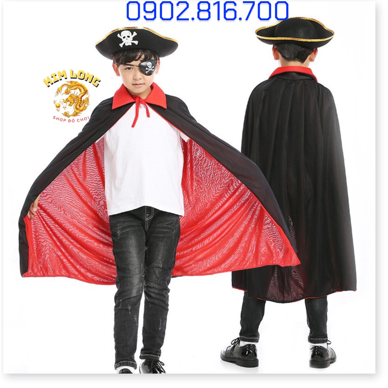 Set Áo Choàng cướp biển 2 lớp đỏ đen và nón và bịt mắt trang phục hoá trang cướp biển lễ hội Halloween