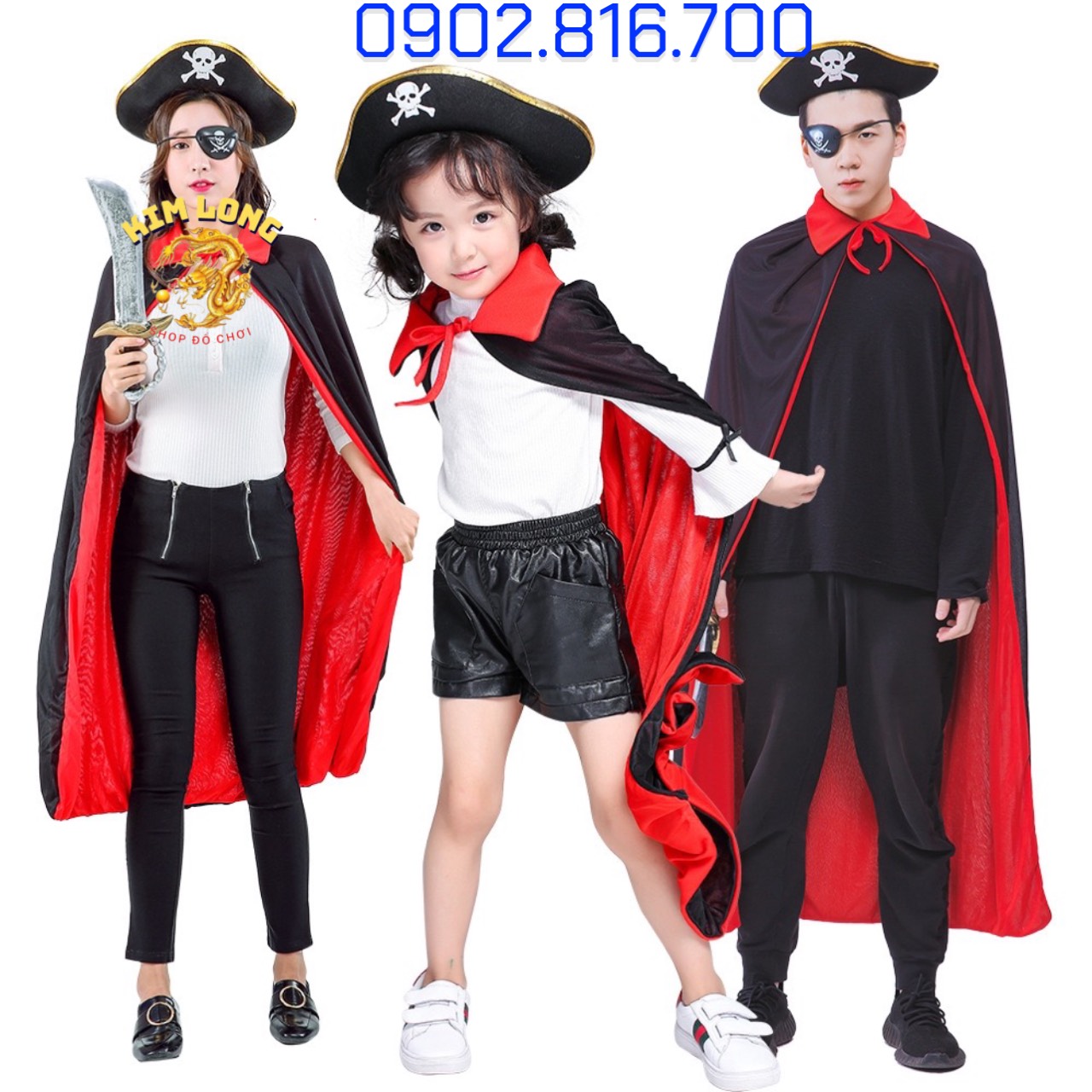Set Áo Choàng cướp biển 2 lớp đỏ đen và nón và bịt mắt trang phục hoá trang cướp biển lễ hội Halloween