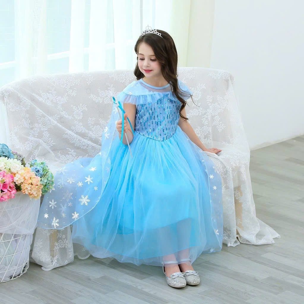 Đầm váy Công Chúa Elsa Cho Bé Gái - Đầm Hóa Trang Elsa Băng Giá Đính Kim Sa Cao Cấp Kèm Áo Choàng Bông Tuyết Lấp Lánh