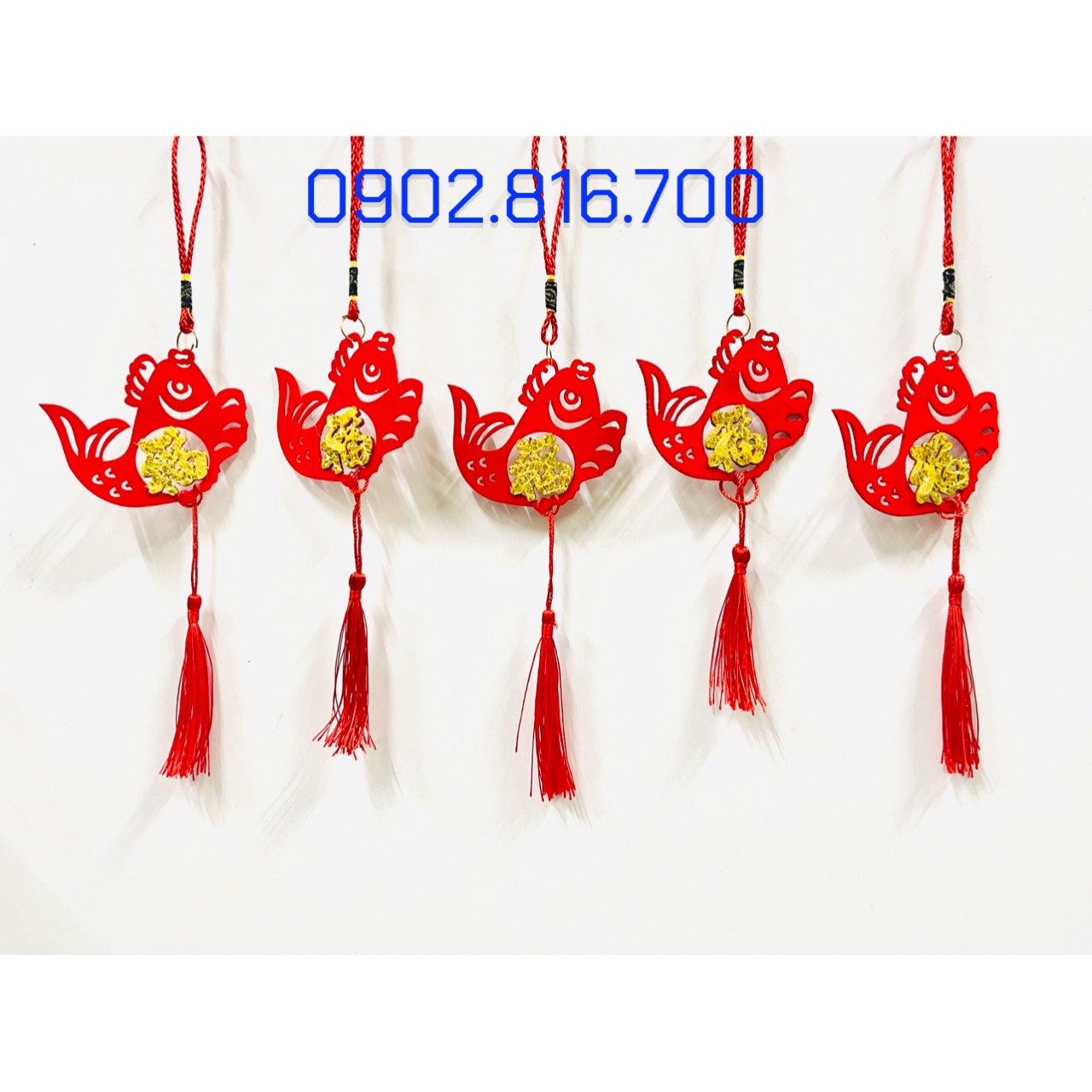 Set 5 Liễng nhung đỏ hình quạt , cá chép , lồng đèn khắc chữ PHƯỚC vàng treo cây mai đào tắc phụ kiện trang trí TẾT