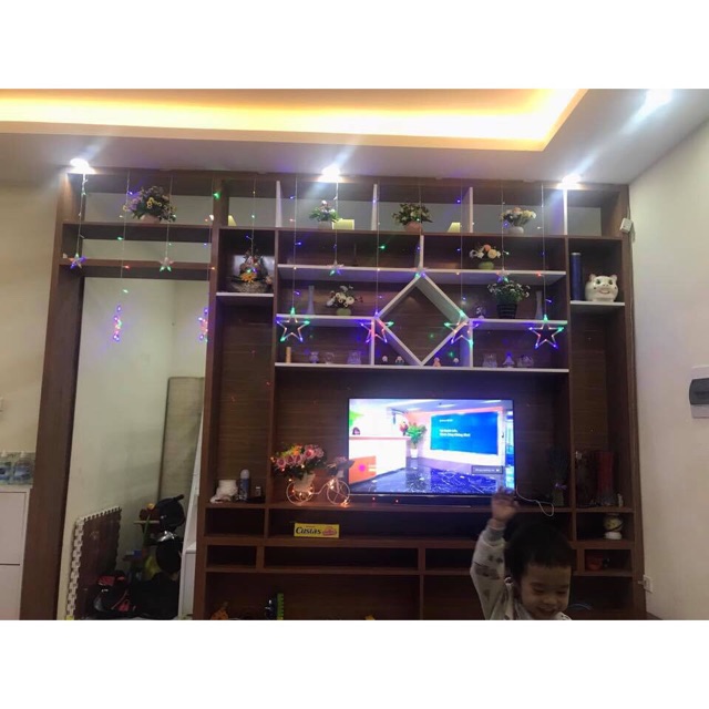 BỘ Dây đèn LED chuỗi thả mành / rèm hình 10 ngôi sao màu vàng nắng Decor trang trí Noel Sinh Nhật Lễ Tết Năm mới