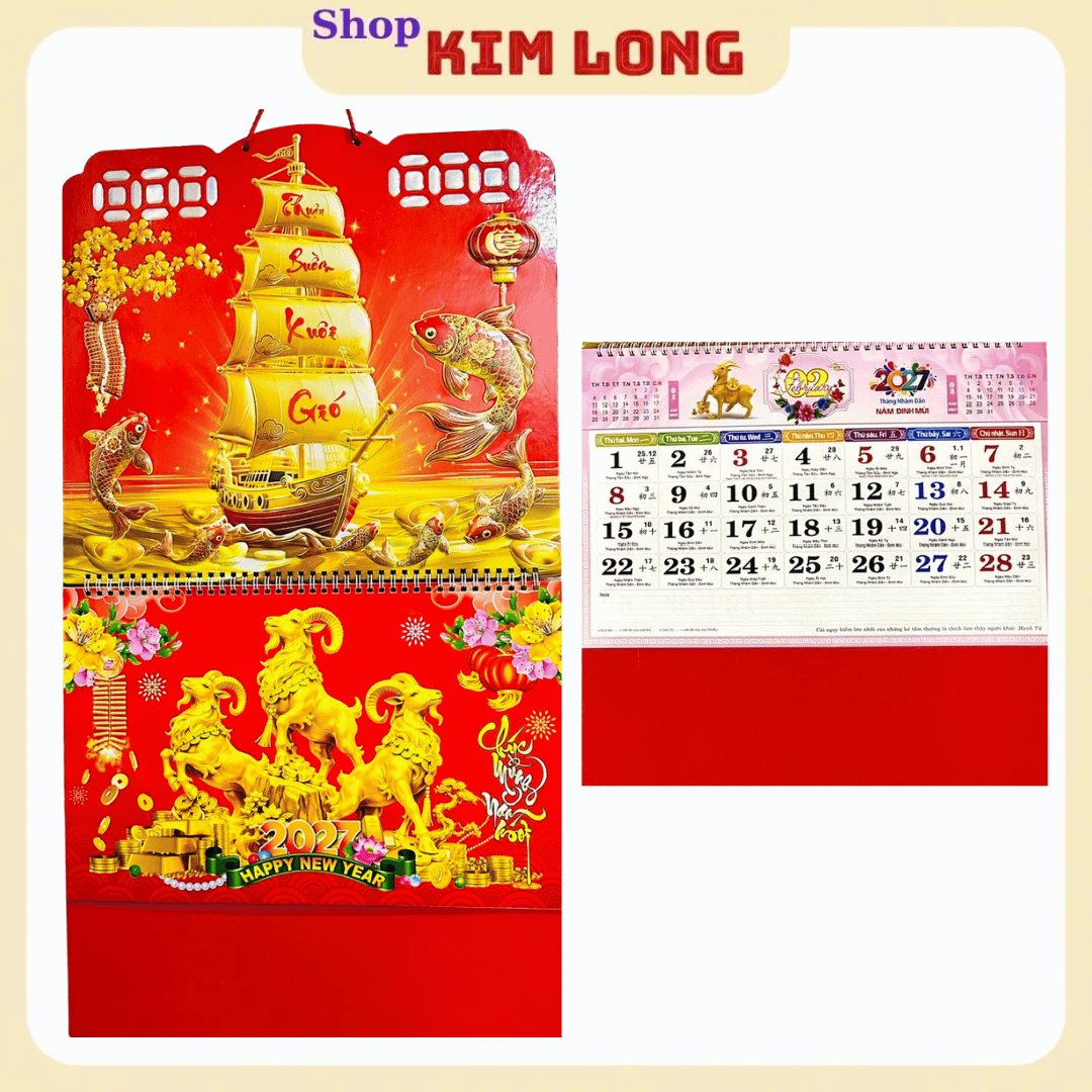 LỊCH TREO TƯỜNG TẾT ĐINH MÙI 2027 - BÌA LỊCH LÒ XO GIỮA GẮN BỘ SỐ/ LỊCH THÁNG 12 TỜ MỖI TỜ 1 THÁNG dochoitreemkimlongshop