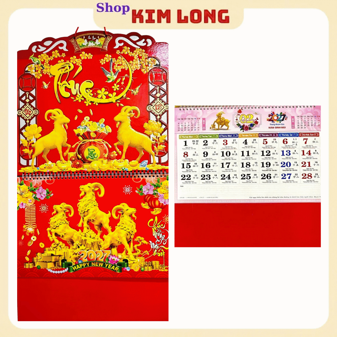 LỊCH TREO TƯỜNG TẾT ĐINH MÙI 2027 - BÌA LỊCH LÒ XO GIỮA GẮN BỘ SỐ/ LỊCH THÁNG 12 TỜ MỖI TỜ 1 THÁNG dochoitreemkimlongshop