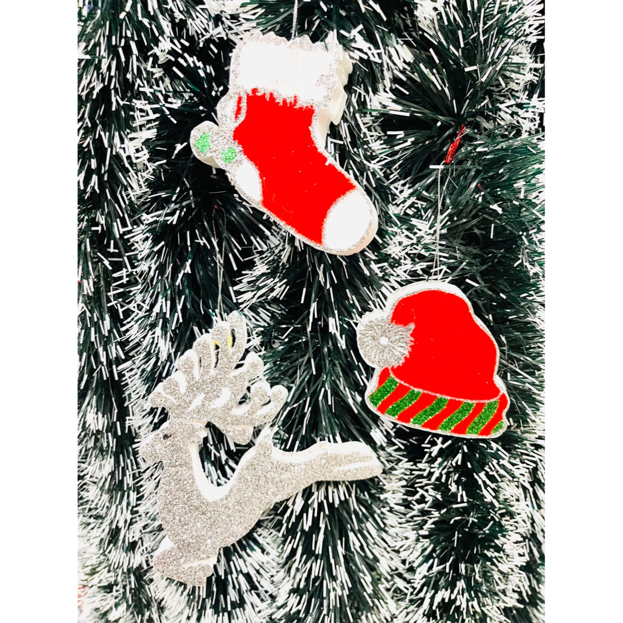 Set 3 món mini Hình nón noel vớ noel tuần lộc 10cm có hình 2 mặt bằng xốp treo Trang trí cây thông noel ễ giáng sinh