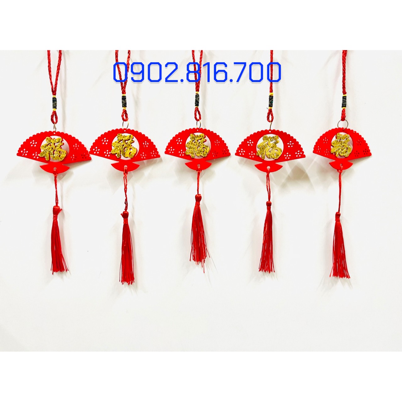 Set 5 Liễng nhung đỏ hình quạt , cá chép , lồng đèn khắc chữ PHƯỚC vàng treo cây mai đào tắc phụ kiện trang trí TẾT