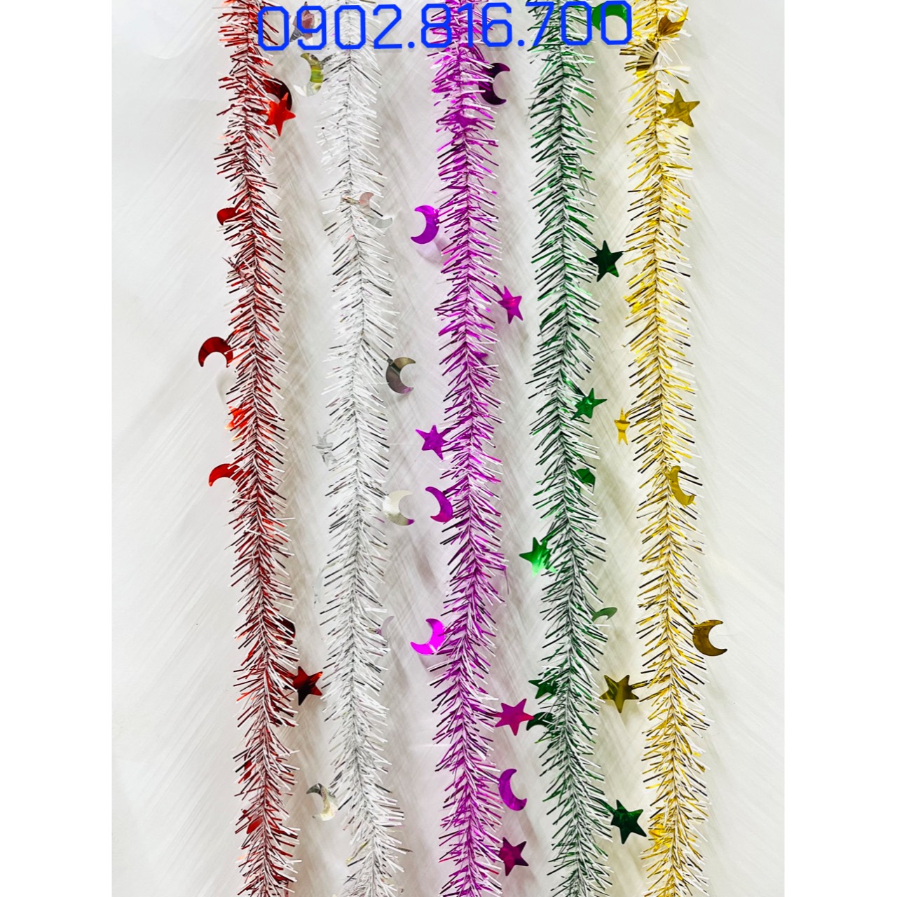 Set 5 Dây kim tuyến đính hình ngôi sao và mặt trăng nhiều màu sắc phụ kiện trang trí cây thông noel ngày lễ Giáng sinh