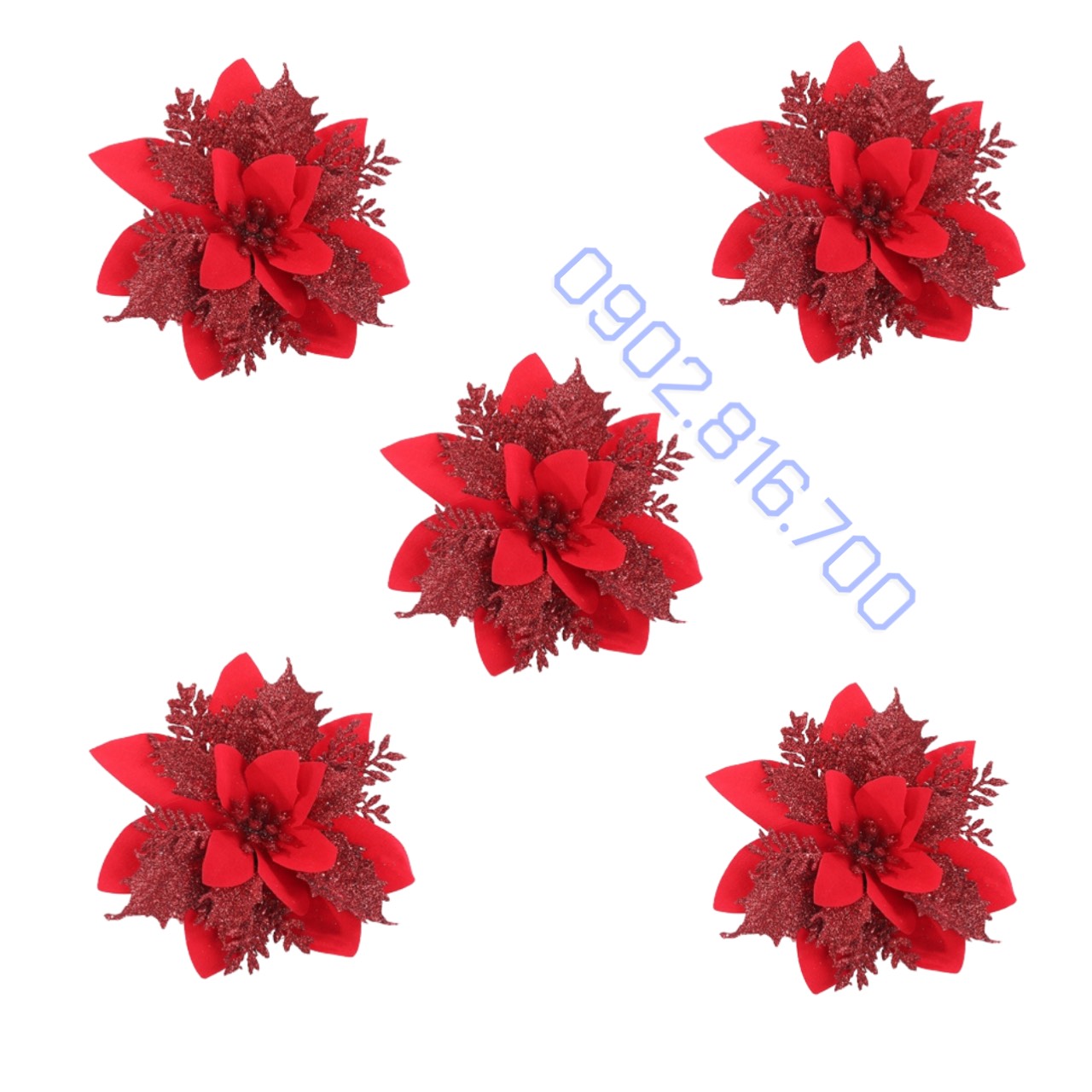 Sét 5 hoa trạng nguyên kim tuyến nhũ vàng đỏ size lớn 13cm trang trí cây thông noel vòng nguyệt quế tháp giỏ quà oản tài
