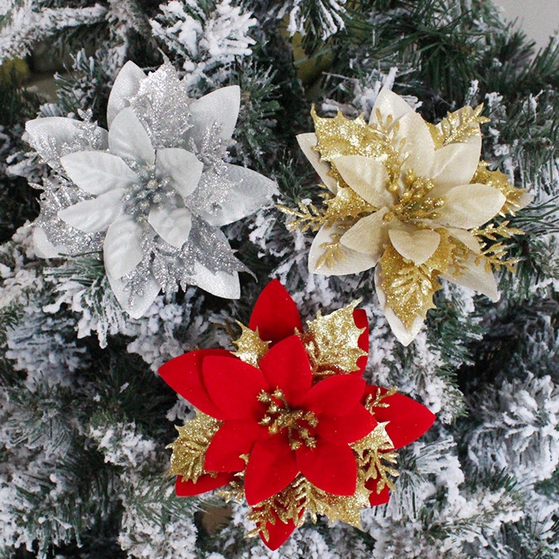 Sét 5 hoa trạng nguyên kim tuyến nhũ vàng đỏ size lớn 13cm trang trí cây thông noel vòng nguyệt quế tháp giỏ quà oản tài