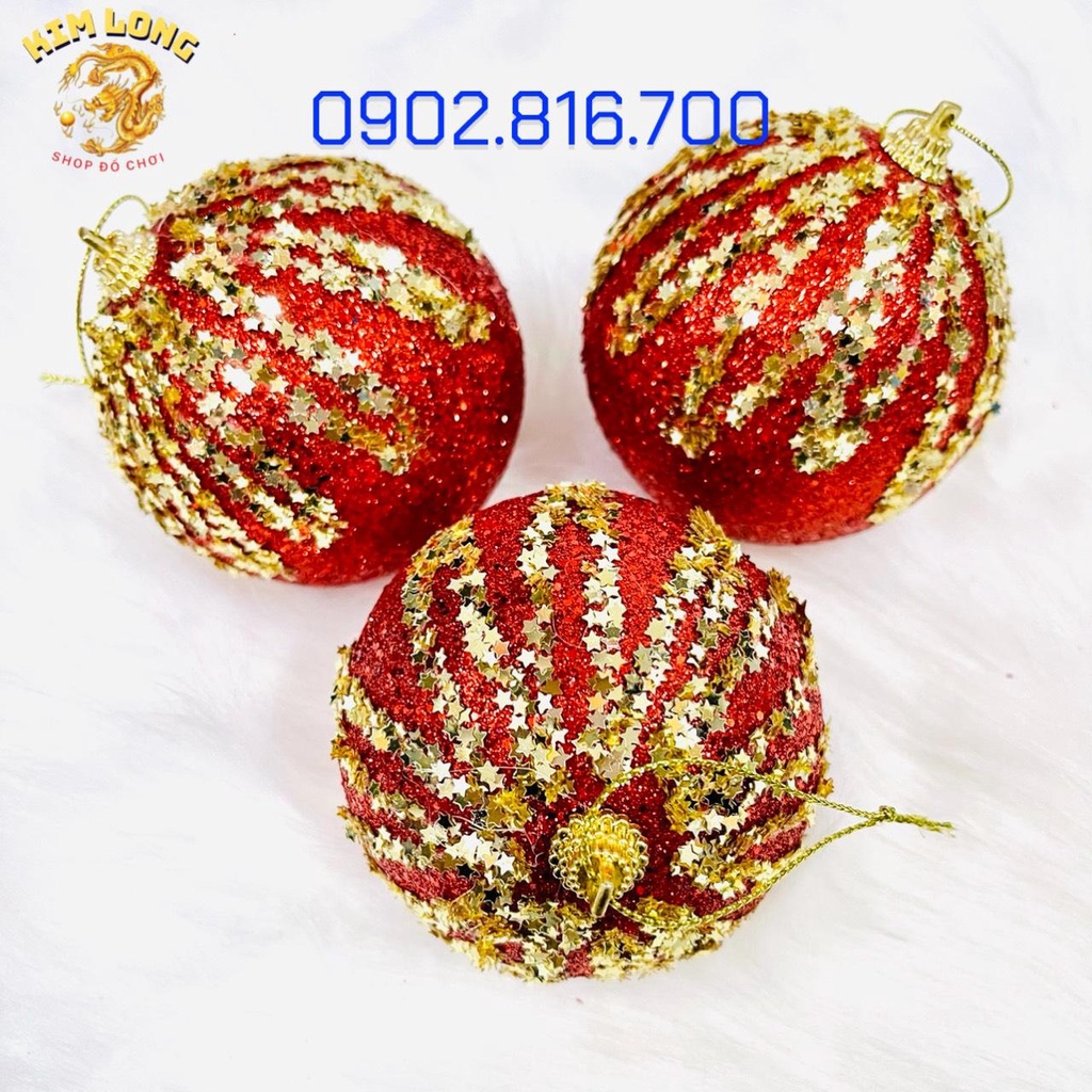 Set 3 trái châu đính kim tuyến kim sa 8cm vàng bạc đỏ phụ kiện trang trí noel ngày lễ Giáng sinh