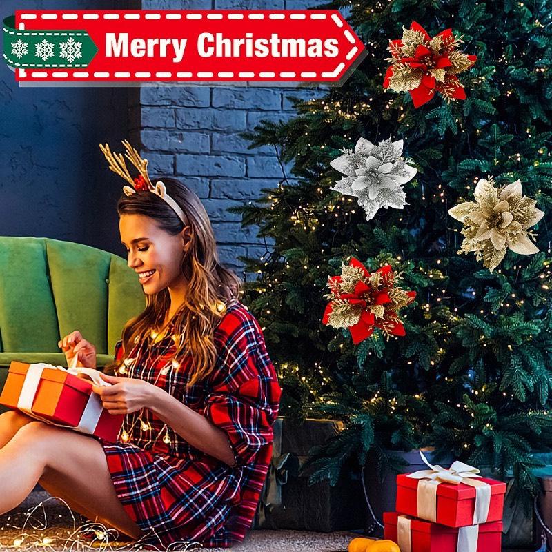 Sét 5 hoa trạng nguyên kim tuyến nhũ vàng đỏ size lớn 13cm trang trí cây thông noel vòng nguyệt quế tháp giỏ quà oản tài