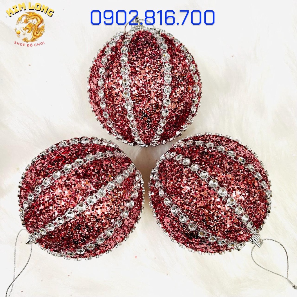 Set 3 trái châu đính kim tuyến kim sa 8cm vàng bạc đỏ phụ kiện trang trí noel ngày lễ Giáng sinh