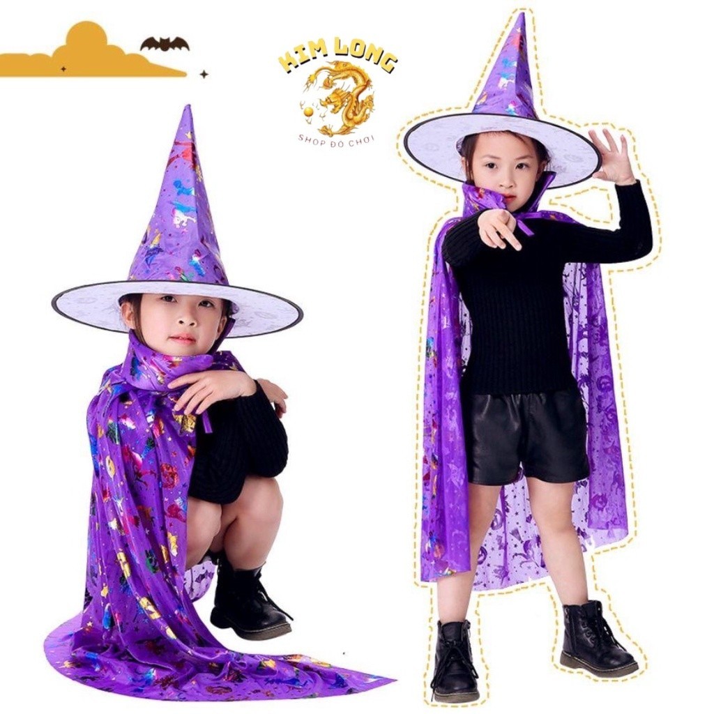 LOẠI ĐẸP Set Áo Choàng và nón phù thuỷ hoa văn 7 màu trang phục hoá trang cho trẻ em và người lớn lễ hội Halloween