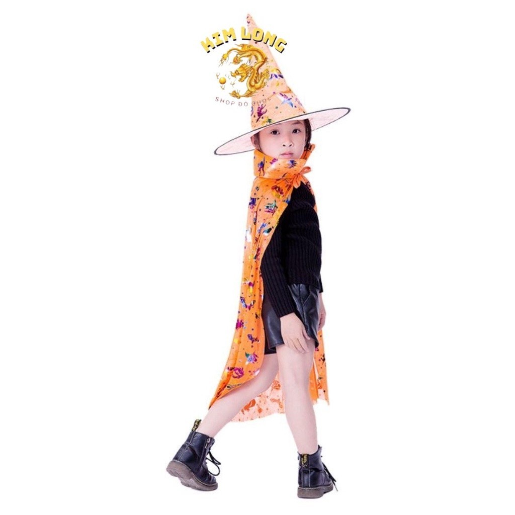 LOẠI ĐẸP Set Áo Choàng và nón phù thuỷ hoa văn 7 màu trang phục hoá trang cho trẻ em và người lớn lễ hội Halloween