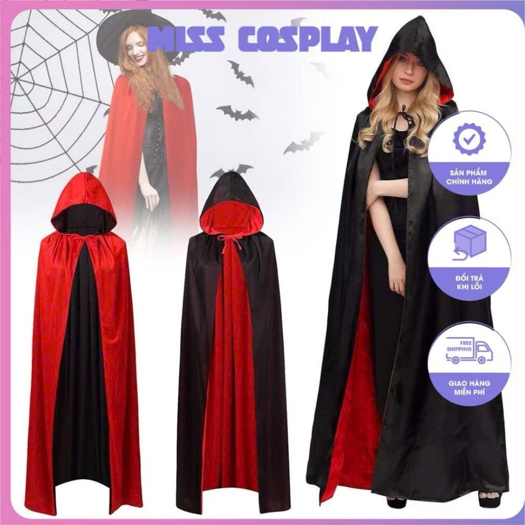 Áo Choàng có nón ma cà rồng 2 lớp đổi 2 màu đỏ đen trang phục hoá trang lễ hội halloween cho trẻ em và người lớn