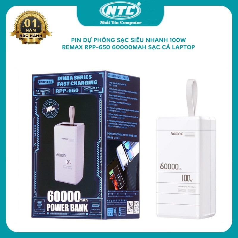 Pin dự phòng sạc siêu nhanh 100W REMAX RPP-650 60000mAh TypeC in / out 100W  và USB out 22.5W - sạc cho cả laptop (trắng) Nhất Tín Computer