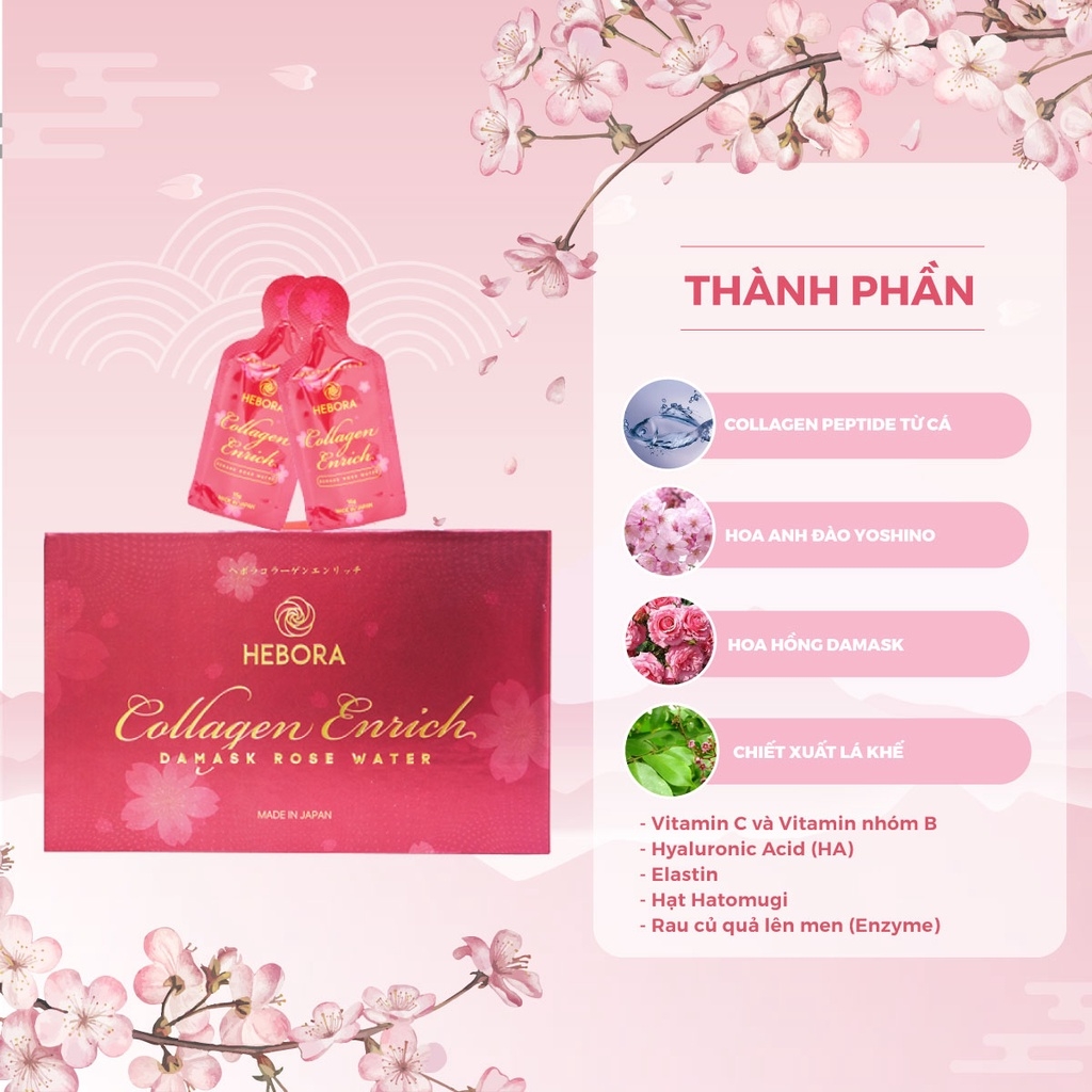 Combo 3 Hộp Nước Uống Hebora Collagen Enrich Damask Rose Water Nhật Bản (Dạng Túi)