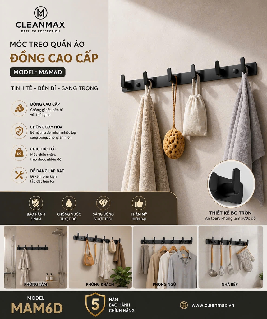 Móc treo quần áo, treo khăn 3 móc màu đen, MAM3D