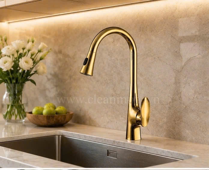 VÒI BẾP DÂY RÚT MẠ VÀNG VDR1007 CLEANMAX