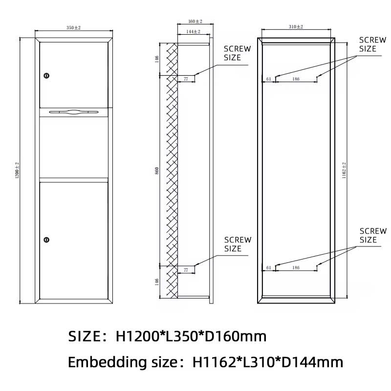 TỦ ĐỰNG GIẤY VỆ SINH CÔNG CỘNG ÂM TƯỜNG KÈM THÙNG RÁC VÀ SẤY TAY 34556