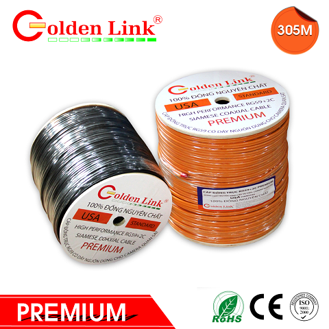 Cáp đồng trục Golden Link RG59+2C Premium (có dây nguồn, Đồng Nguyên Chất)